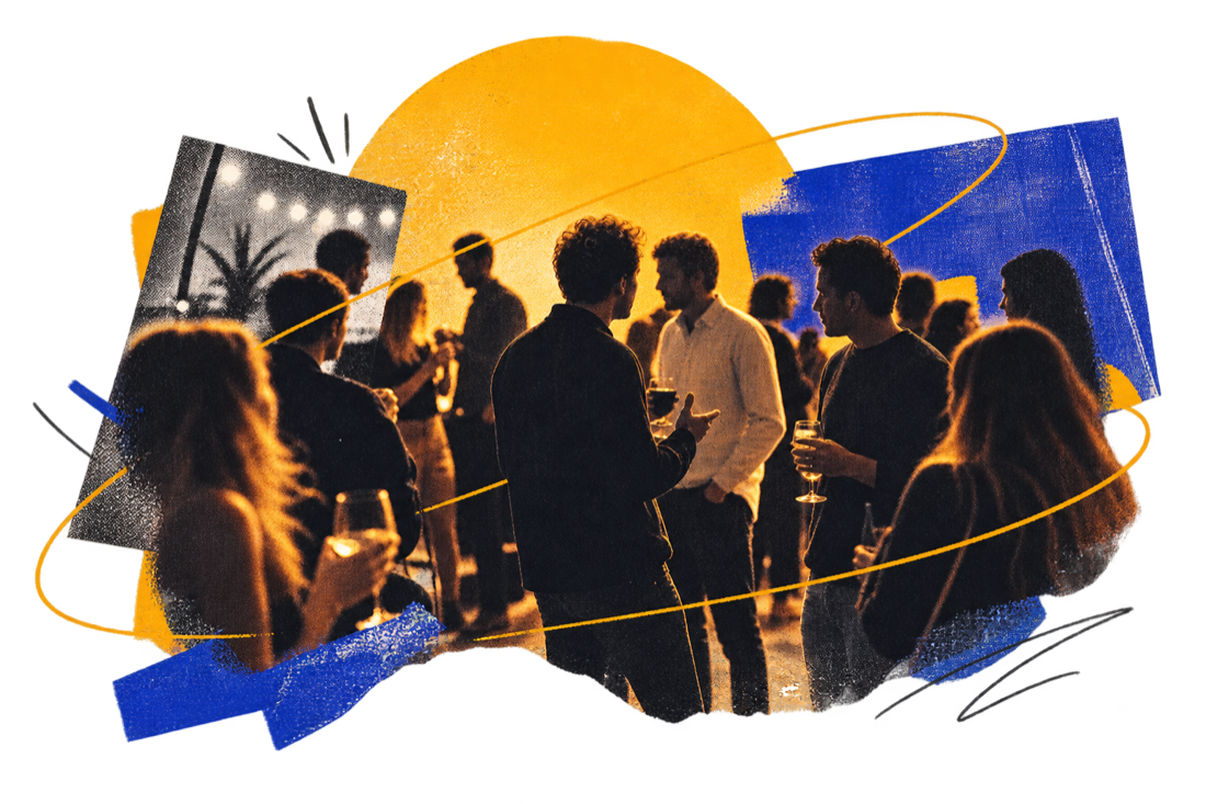 Des entrepreneurs du club Superfounder qui échangent lors d'une rencontre, au coucher du soleil